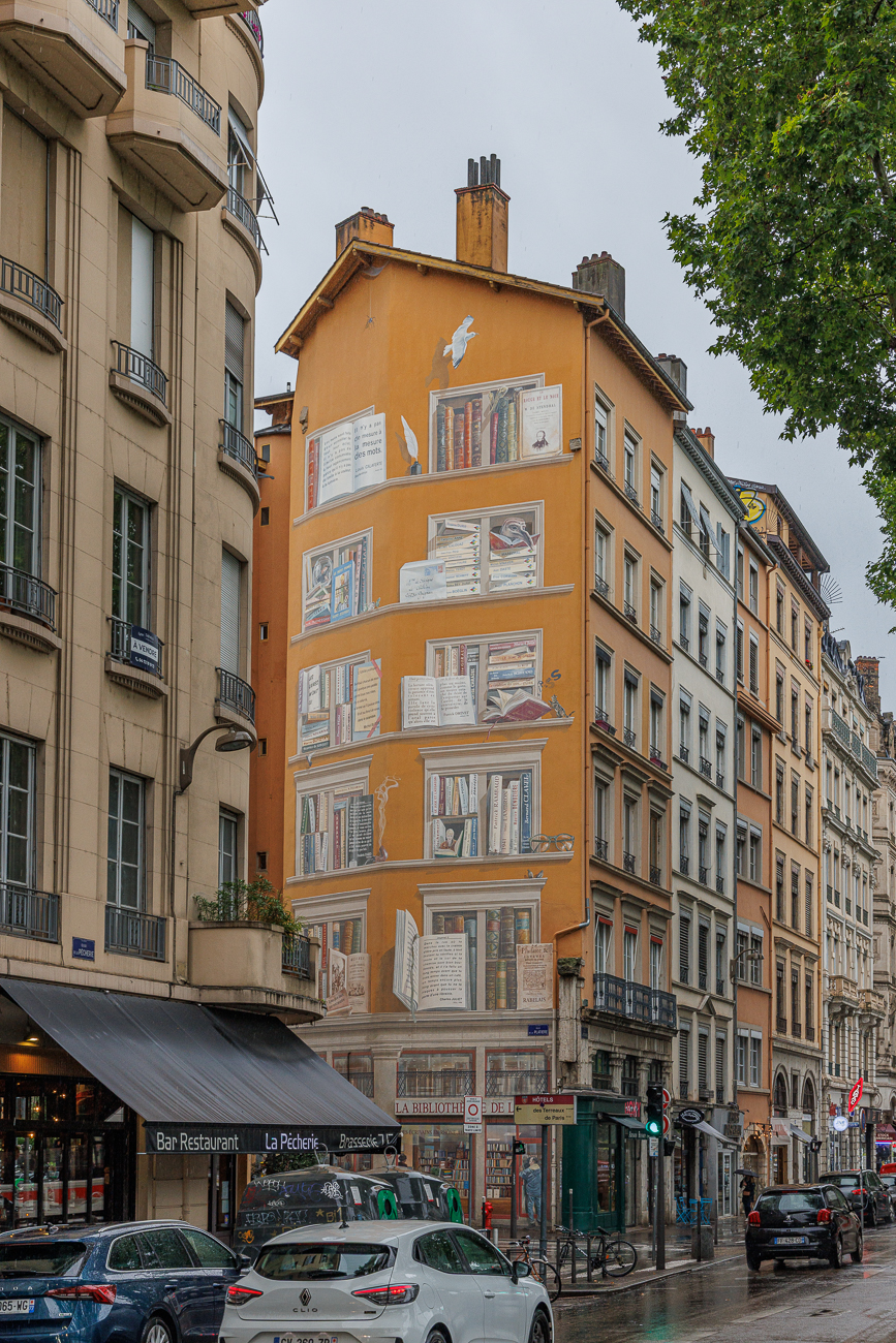 Dieses Wandbild ist die "Biblioth&egrave;que de la Cit&eacute;" in Lyon. Das riesige Fresko zeigt t&auml;uschend echte B&uuml;cherregale und wurde von der K&uuml;nstlergruppe Cit&eacute;Cr&eacute;ation entworfen. Es befindet sich an der Ecke Rue de la Plati&egrave;re und Quai St-Vincent.