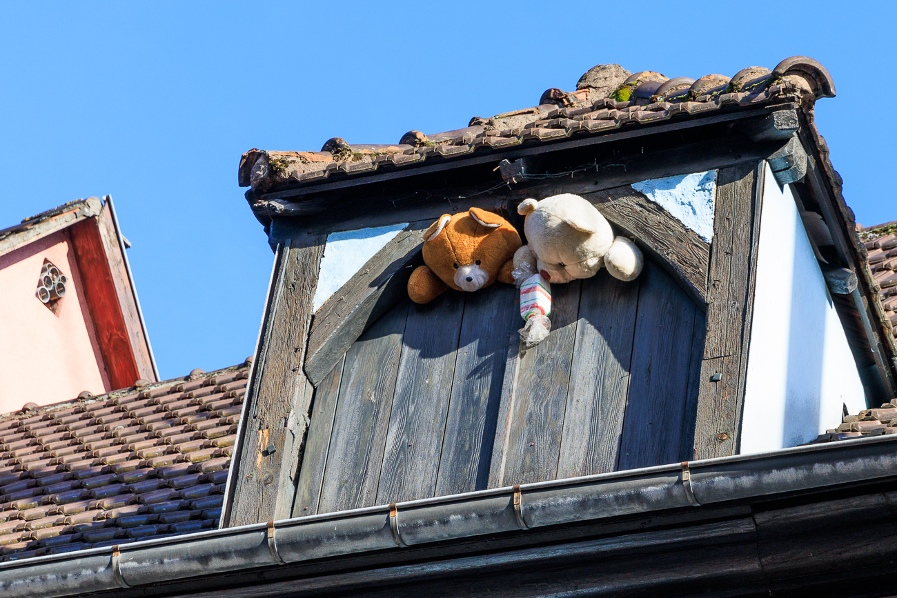 Teddybären, universelles Symbol für Süßigkeiten und von Komforteroberte schnell die Herzen von Einheimischen und Besuchern. Sie sind zu einem unverzichtbaren Bestandteil der elsässischen Weihnachtsmärkte geworden Fenster, Zu Balkone, und sogar zu Straßenlaternen gepflasterte Straßen