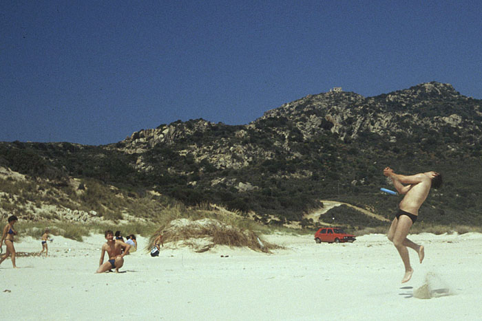 Beim Frisbee spielen am Strand