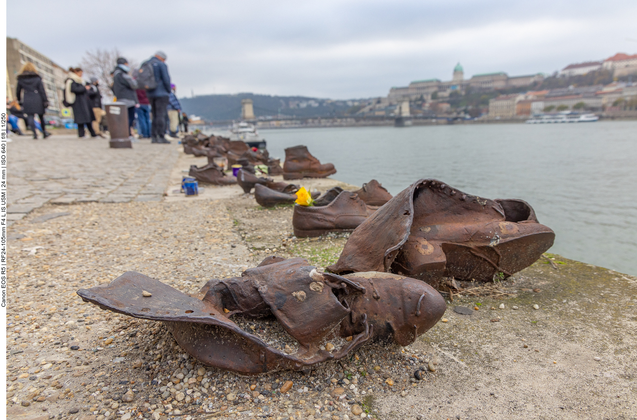 Die Schuhpaare stehen am Ostufer, auf der Pester Seite der Donau, am Ende der Széchenyistraße etwa 300Meter südlich des Parlamentsgebäudes, nahe der Akademie der Wissenschaften direkt am Wasser. Auf einer Länge von 40 Metern wurden sechzig Paar Schuhe aus Metall auf dem Boden angebracht. Sie sollen dem Gedenken an die Massenerschießungen von ungarischen Juden am Donauufer während der faschistischen Pfeilkreuzler-Diktatur 1944/45 erinnern. Der ungarische Historiker Krisztián Ungváry spricht von 2.600 bis 3.600 Opfern, die auf diese Weise ermordet worden sind. Die Schuhe stehen oder liegen "wie zufällig" übrig geblieben. Das Holocaustmahnmal wurde 2005 so gestaltet, dass es auf den ersten Blick nicht verrät, welches Geschehen dahintersteckt. Stellvertretend für die Opfer sei der Begründer der modernen ungarischen Pharmaindustrie Gedeon Richter genannt, der am 30. Dezember 1944 dort ermordet wurde. Die Inschrift auf den Gedenktafeln in den Sprachen Ungarisch, Englisch und Hebräisch lautet: „Im Gedenken an die Opfer, die 1944/45 von bewaffneten Pfeilkreuzlern in die Donau geschossen wurden“